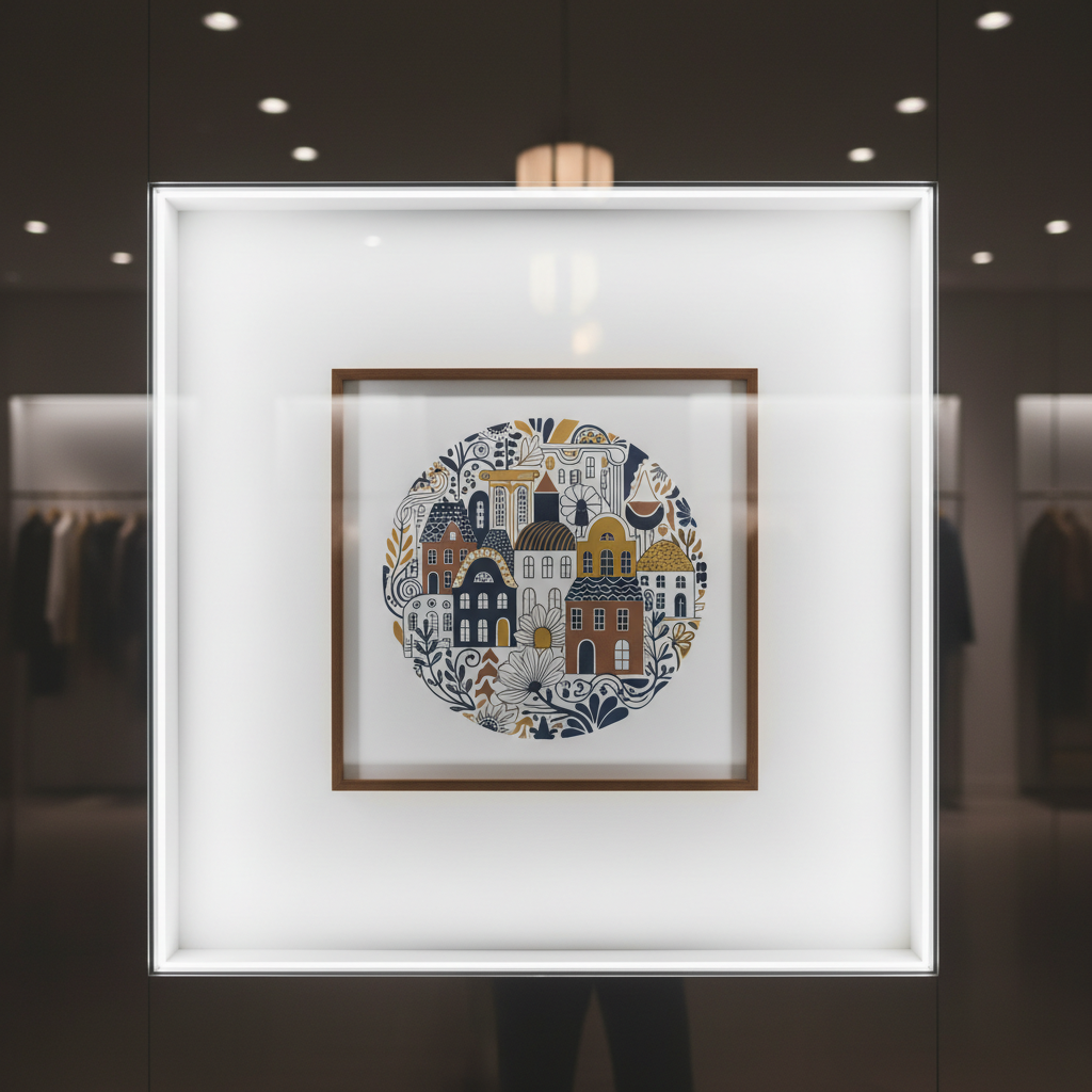 A tight photographic composition of an individual bespoke illustration framed within a window display niche, featuring a richly detailed narrative scene: stylized townhouses, winding foliage, and playful abstract shapes, all rendered in precise linework with a restrained palette of deep navy, soft clay, and muted mustard. The artwork is mounted on a floating panel in front of a translucent backdrop, with concealed LED strips washing it in even, cool-white light that accentuates every contour without glare. Subtle reflections in the surrounding glass introduce depth and context, hinting at the retail environment beyond while keeping it softly out of focus. The image is captured straight-on with a shallow depth of field, creating an intimate, sophisticated portrait of a single commissioned piece.