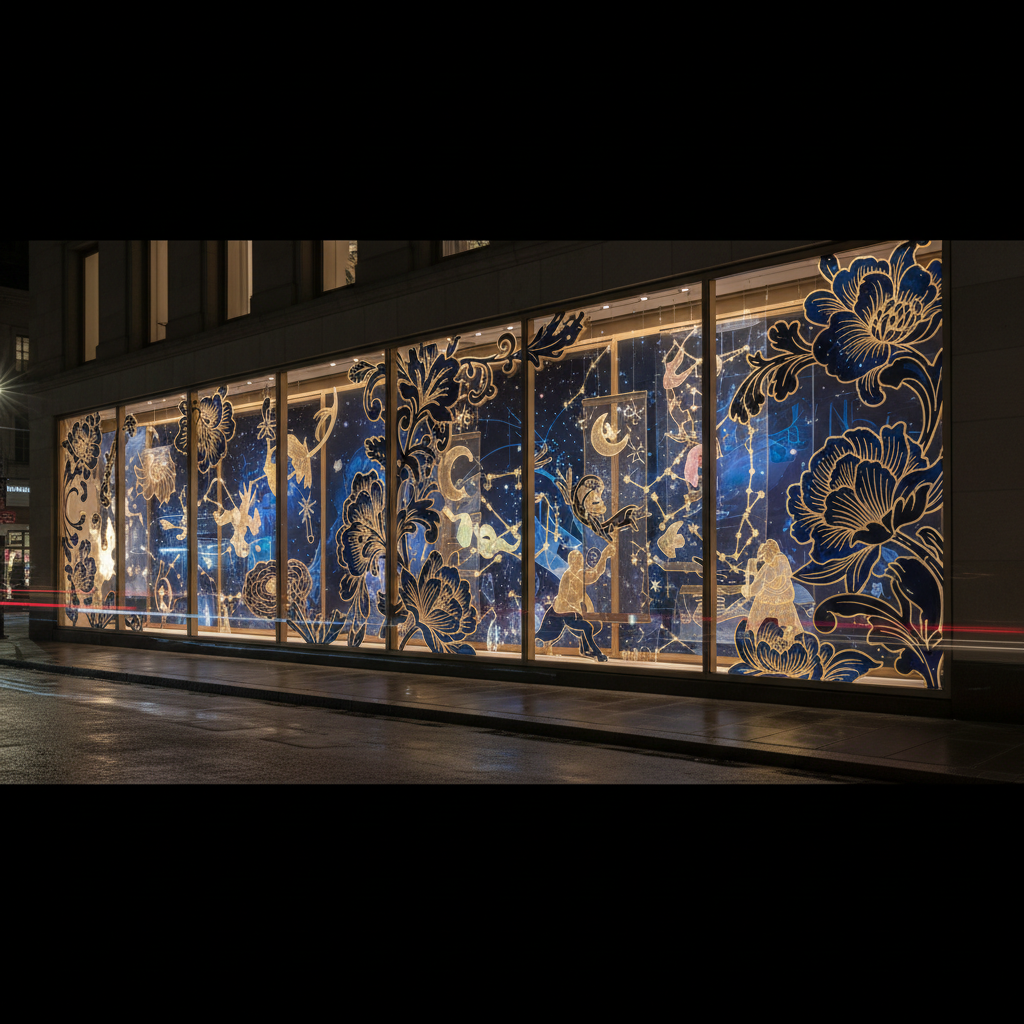 A photographic nighttime view of a luxury storefront where the entire set of windows has been transformed into a cohesive illustrated story. Large-scale silhouetted florals, delicately painted constellations, and bespoke characterful motifs appear on layered glass and suspended panels, glowing softly from hidden backlighting. The street outside is dim and atmospheric, with reflections of passing lights creating a shimmering frame around the display. Taken from a slightly elevated angle across the street, the composition captures multiple windows in one sweep, emphasizing continuity and scale. The mood is dreamy and theatrical yet controlled, showcasing how custom window display illustration can turn a façade into an illuminated art installation for sophisticated urban shoppers.