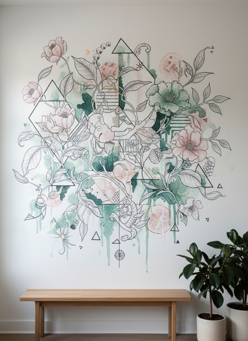 A close-up photographic shot of a bespoke mural spanning a smooth plaster wall in a chic interior, featuring intricate botanical illustration intertwining with abstract geometric forms. Fine ink-like linework, subtle watercolor-style gradients, and muted emerald, blush, and gold tones create a refined, layered composition. Soft, indirect daylight filters in from an unseen window, gliding across the surface and revealing gentle texture in the paint. A minimal bench and a few sculptural plants in the foreground are softly out of focus, adding depth without distracting from the mural. Captured straight-on with sharp focus across the artwork, the mood is calm, sophisticated, and gallery-worthy, emphasizing custom illustration as architectural feature rather than mere decoration.