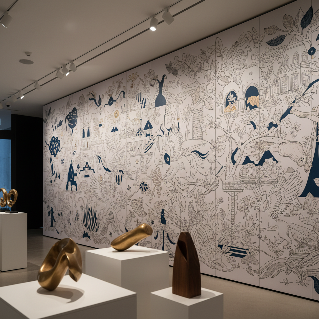 A refined photographic scene inside a modern retail space featuring a floor-to-ceiling feature wall covered with a custom illustrative installation. Delicate hand-drawn foliage, architectural motifs, and whimsical creatures flow seamlessly across panels of matte-finished material, arranged in a slight relief for subtle dimension. Track lighting from the ceiling casts controlled pools of warm light, creating gentle shadows between layers and highlighting fine line details. In the midground, elegantly simple display plinths and sculptural objects are softly blurred, framing the artwork without dominating it. Shot from a slightly low, three-quarter angle, the composition emphasizes the height and immersive quality of the mural installation, conveying a luxurious, curated atmosphere suited to high-end commissions.