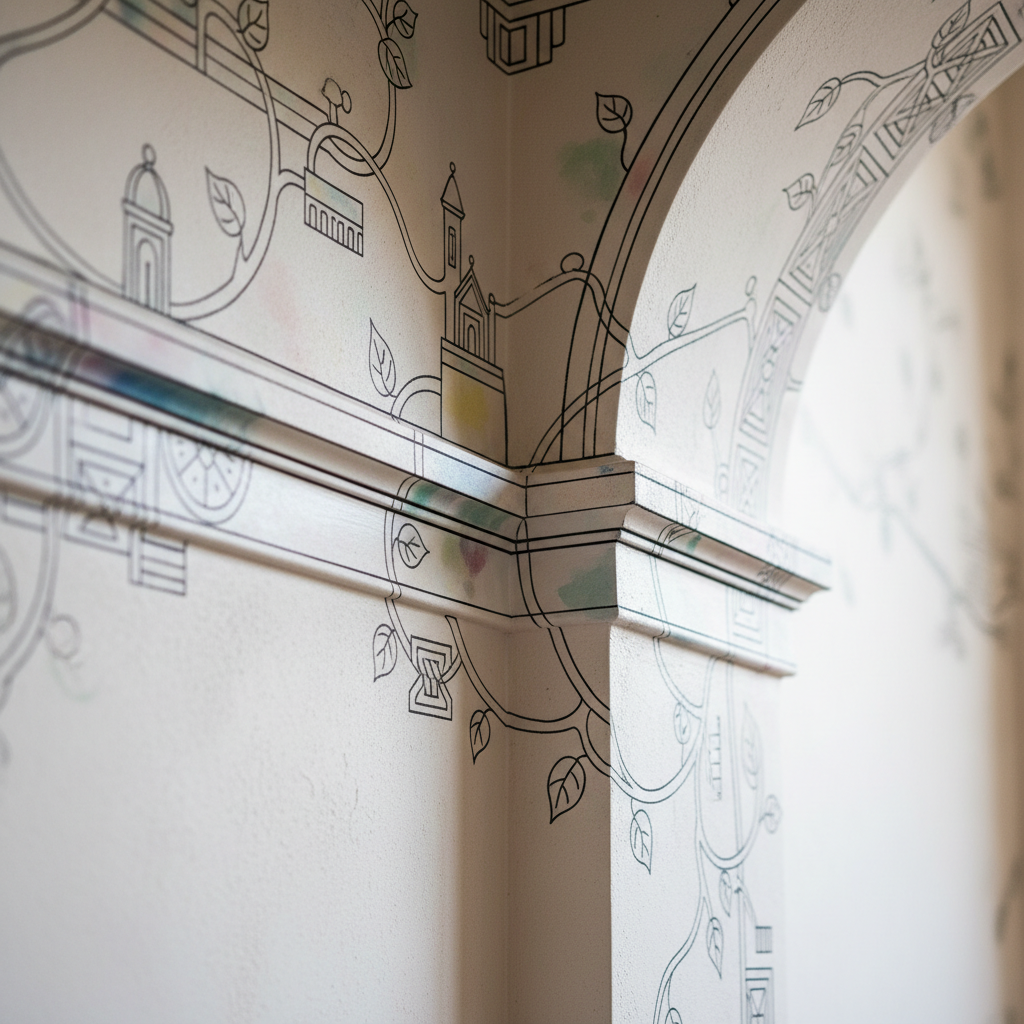 A detailed photographic close-up of a mural corner where two walls meet, revealing the thoughtful integration of bespoke illustration with architectural features. The artwork transitions seamlessly around a recessed arch and over a narrow ledge, with fine lines adapting to the curves and edges. The illustrated elements—delicate vines, small architectural icons, and abstract patterning—are rendered in layered, translucent paint with a satin finish. Soft, directional side lighting from an unseen window grazes the surface, emphasizing the paint’s subtle sheen and the wall’s micro-texture. Captured at a slight diagonal with shallow depth of field, the composition draws attention to craftsmanship and precision, creating a quietly luxurious atmosphere of tailored, site-specific illustration.