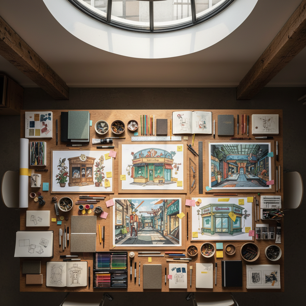 An overhead photographic view of a design studio workspace devoted to illustration projects, centered on a large, clean oak table covered with neatly arranged sketchbooks, pigment swatches, and printed mockups of window display concepts and mural studies. Detailed illustration boards show miniature storefront elevations with layered cut-out elements, color-coded notes, and precise linework. Soft afternoon light pours in from a nearby skylight, creating gentle highlights on glossy printouts and subtle shadows along pencil edges and rulers. The composition uses a balanced, top-down layout, with every object carefully placed to suggest thoughtful process and meticulous craft. The overall atmosphere is quietly industrious and highly professional, showcasing the development journey behind bespoke illustration commissions.